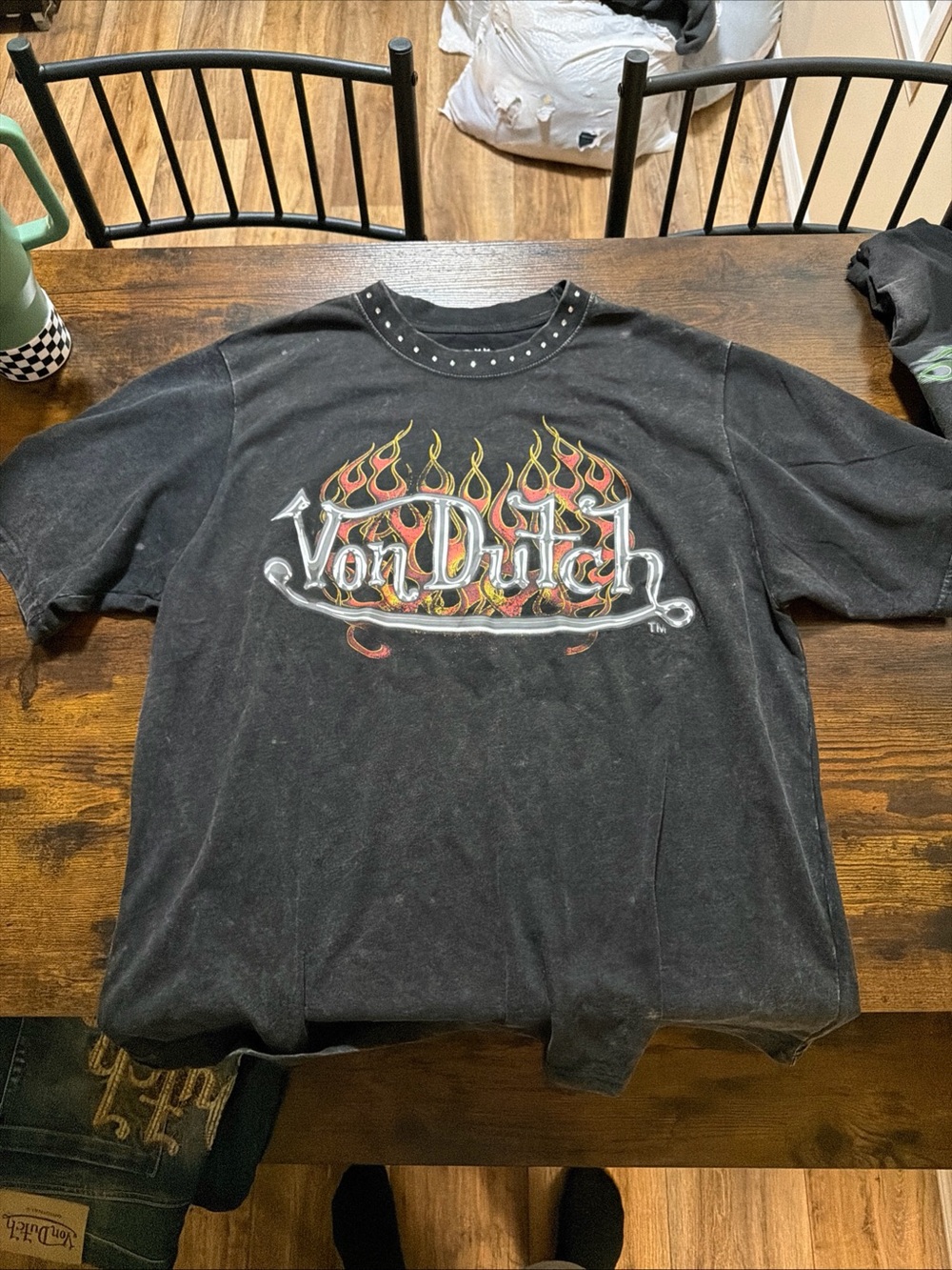 Von Dutch Black Tee with Red, Orange and Yellow Flame Logo
